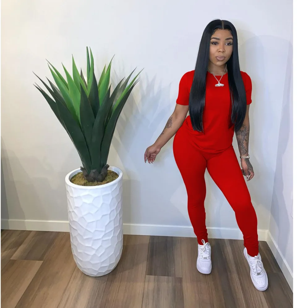 

Women Clothing Summer Solid Color Sports Casual Pants Suit Round Neck Short Sleeve Slim Trousers Two-piece Sui