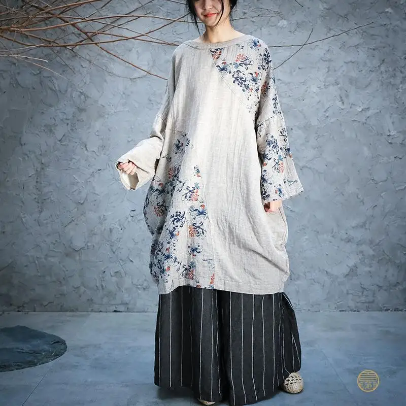 Johnature Autumn Retro Fashion Patchwork Floral Print O-neck Plus Size Dresses New Cotton Linen Long Sleeve Women Dress - Цвет: Бежевый