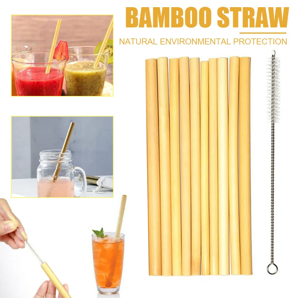 

10pcs Bamboo Straws Set Organic Eco-Friendly Reusable Drinking Straw with Cleaning Brush Birthday Party Wedding Bar Tools