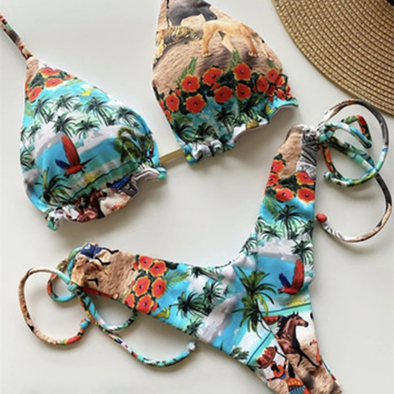 

2021 Sexy Mini Thongs Lace Up Women's Bikini Beach Low Wasit Padded Female Swimwear New Floral Print Ruffle Two Pieces Suit