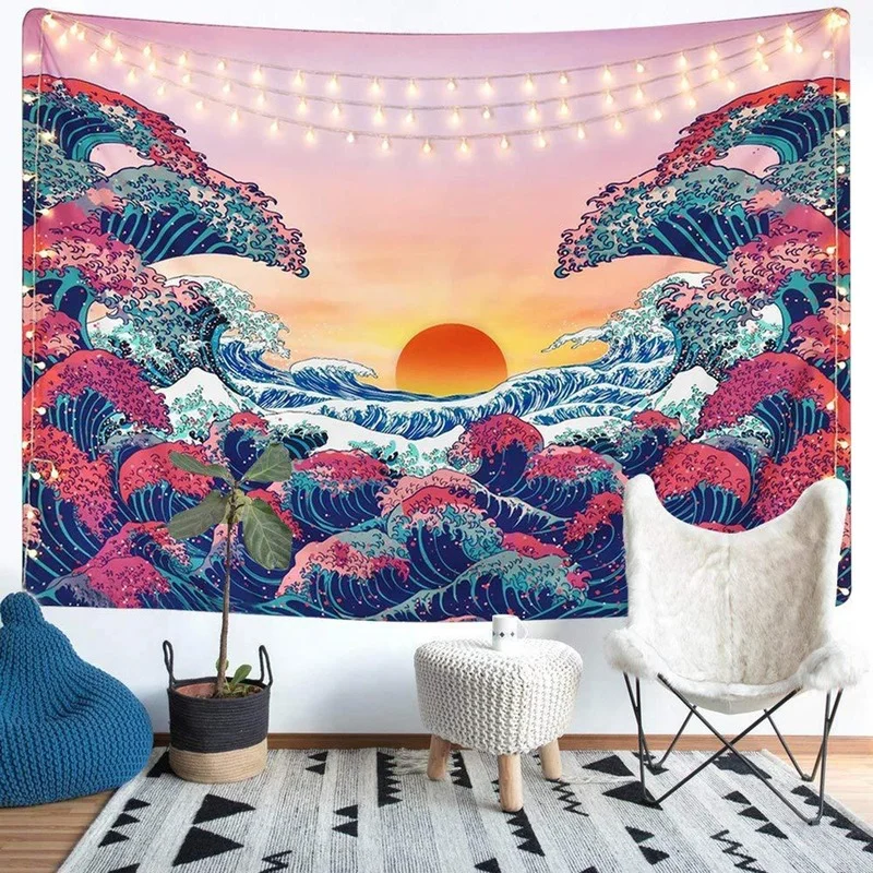 

3D Great Wave Sea Wall Hanging Blanket Home Decoration Big Polyester Ocean Wave Sunset Tapestry Living Room Ornament