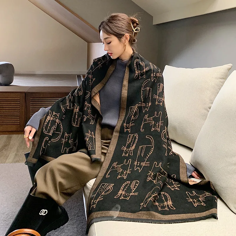

70*180cm Cashmere Scarf Women Cute Cat Shawls And Wraps Print Thick Hijab Blanket Pashmina Echarpe Bufanda Ladies Neckerchief