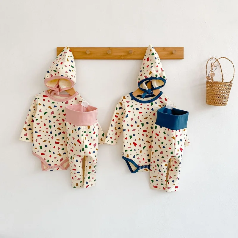 Monos con estampado de pol&iacute;gono para ni&ntilde;as, mono de manga larga con cuello redondo, pantalones y gorro, ropa para beb&eacute;s de 0 a 3 a&ntilde;os, E6092, novedad de Oto&ntilde;o de 2021-1