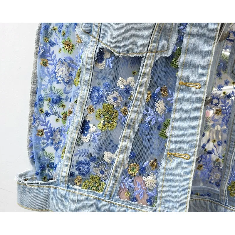 

Heavy work Sequined Net Yarn Stitching Denim Vest Female Blue Loose Vintage Hole Sleeveless Top Women Summer Casual Veste Femme