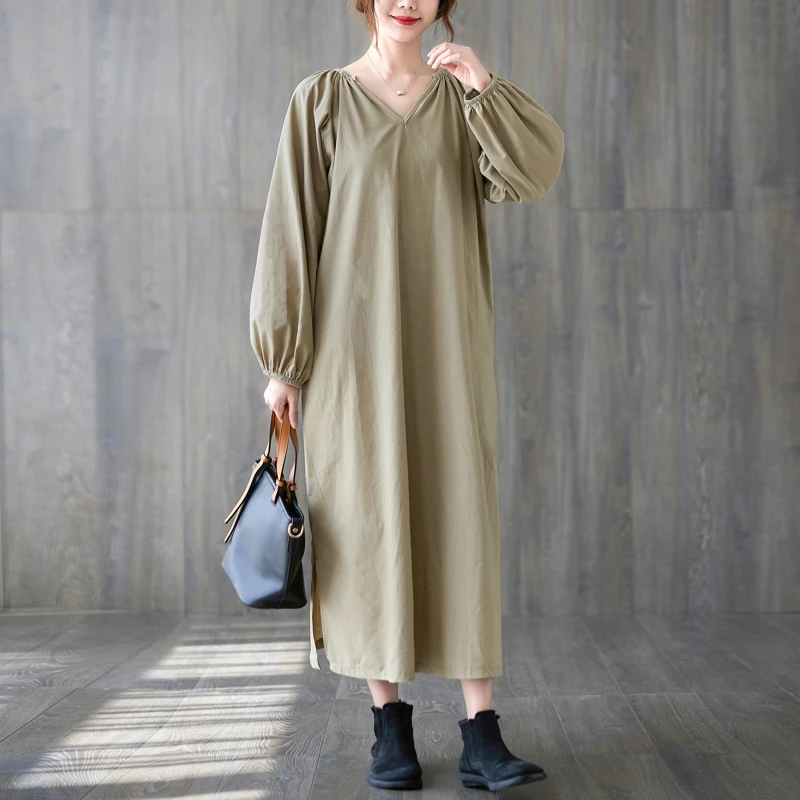 

SuperAen 2021 осенние однотонные повседневные Прямые женские платья до щиколотки с v-образным вырезом и рукавами-фонариками размера плюс