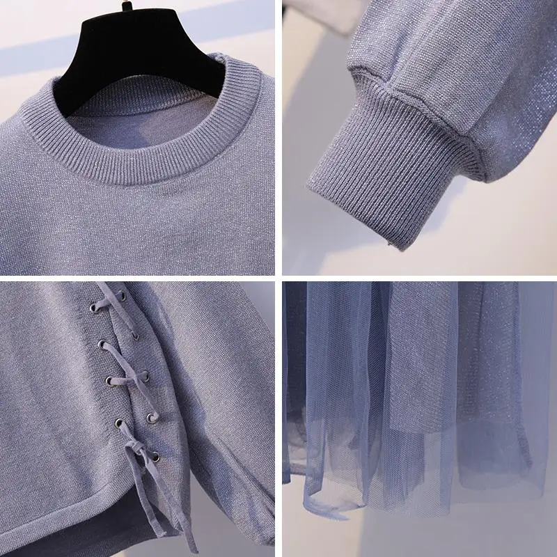 

Women 2020 Autumn Winter Long Sleeve Belt Tops+Mesh Patchwork Straps Dress Two Pieces Set Female New Elegant Casual Suits N286