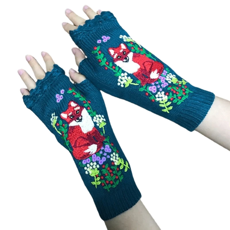 

Women Winter Knit Lengthen Wrist Fingerless Gloves Colorful Animal Embroidery Crochet Thumbhole Mittens Arm Warmers