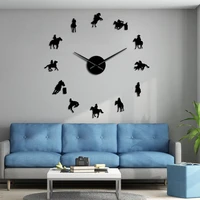 equestrian rodeo diy wall art acrylic mirror stickers large wall clock cowboy home decor horse rider silhouettes frameless watch