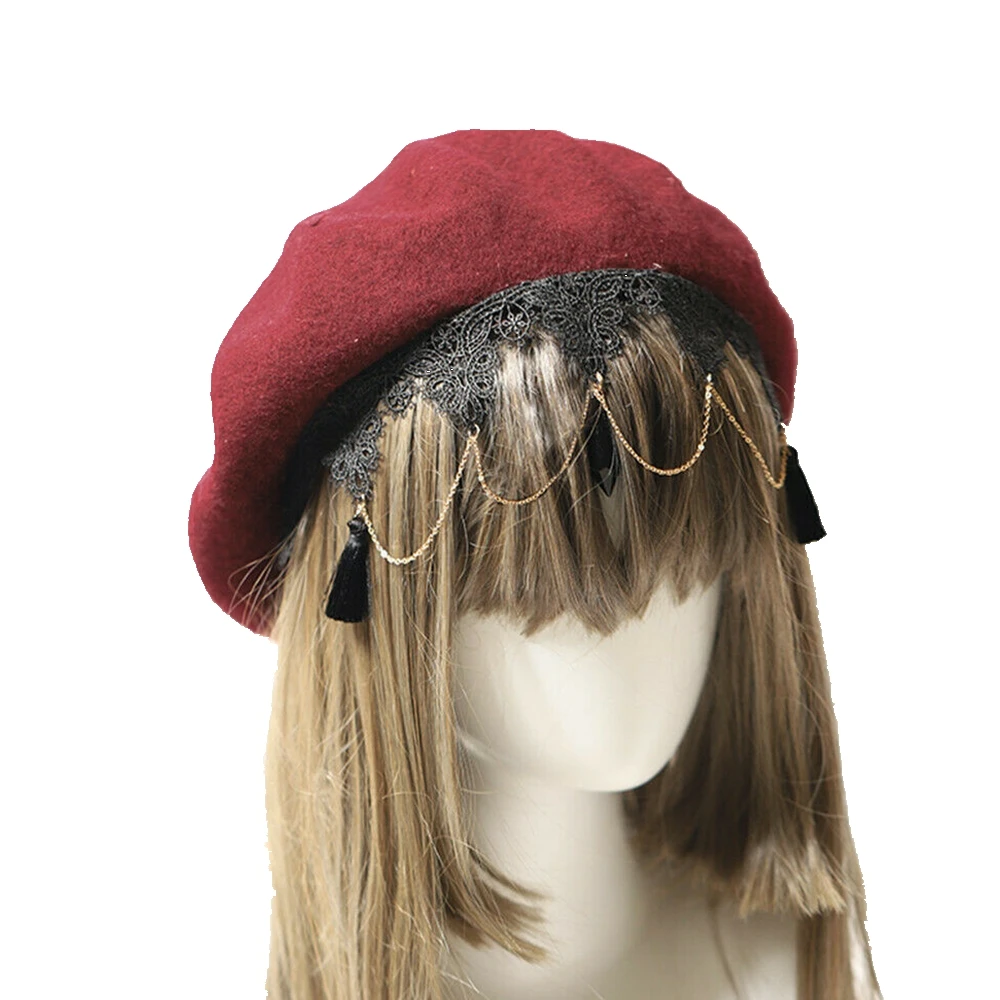 

Gothic Women Beret with Black Lace Wool Beanie Causal Hat