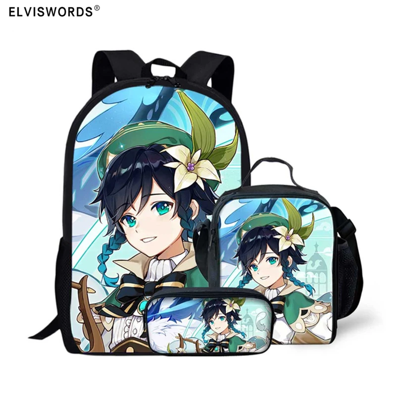 ELVISWORDS New Student Backpack 3Pcs/Set Anime Genshin Print Schoolbags Boys Girls Children Bagpack Fashion Teenager School Bags