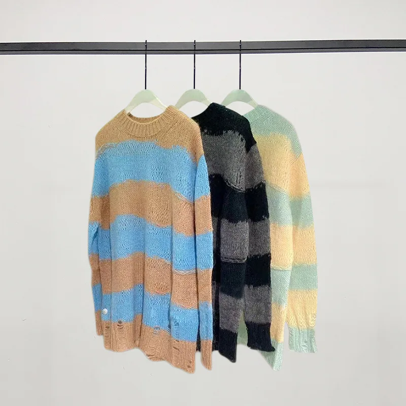 

2021 Autumn Winter New Ladies Long Sleeve Casual Knitwear Women Hole Stripes Knit Sweater Loose O Neck Female Pullover Tops