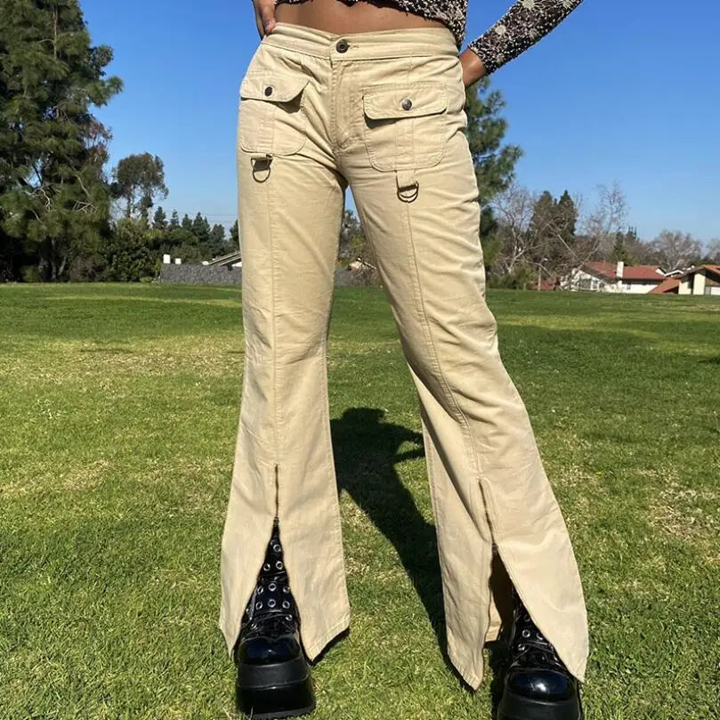 

Street Style Cargo Pants Women Casual Jogger Pants 2021 Autumn Split Fork Flared Pants Female Tactical Khaki Trousers w809