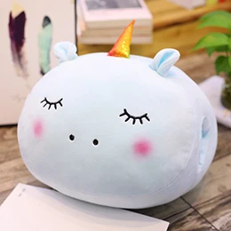Blue Unicorn Мультяшные животные голова Подушка милый динозавр хомяк свинья Единорог Мягкая набивная рука-более теплая подушка эластичный плюш Рождественский подарок 35 см - Цвет: Blue Unicorn