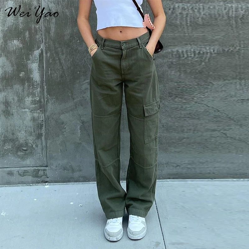 

Зеленые винтажные мешковатые джинсы WeiYao, женские широкие брюки-карго с карманами, уличная одежда, повседневные прямые джинсовые брюки с зан...