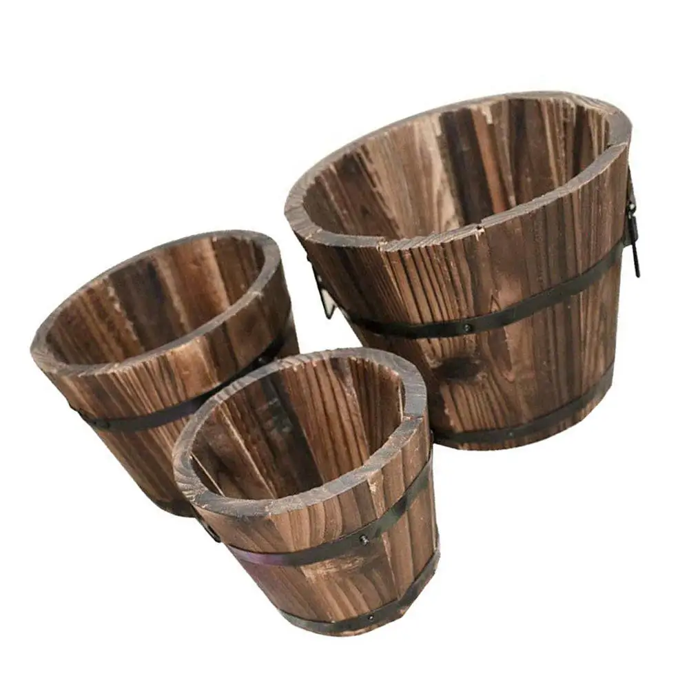 

3 Pcs Vintage Wooden Flower Balcony Planting Bucket Barrels Plant Flower Tub Boxes Container Home Garden Decoration