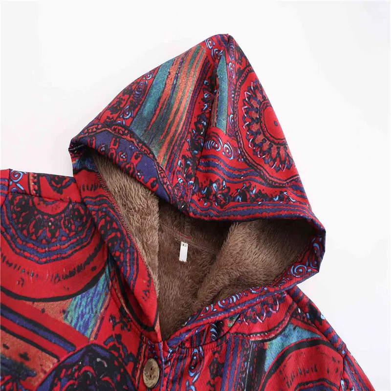 

Women Winter Printed Hooded Coat Vintage Harajuku Oversize Loose Pocket Jacket Fashion Plus Velvet Thick Warm Outwear Long Coats