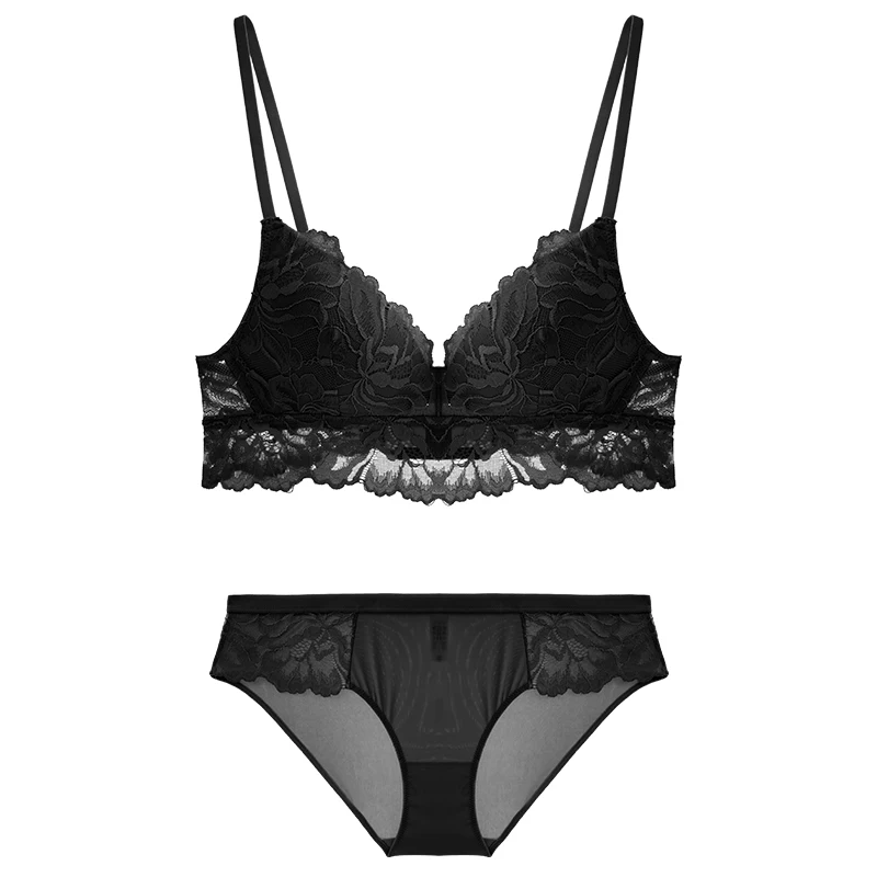 2 Piece Sets Floral Lace Bra And Panty Set For Women Triangle Wireless Thin Push Up Girls Bralette Embroidery Sexy Lingerie Pink