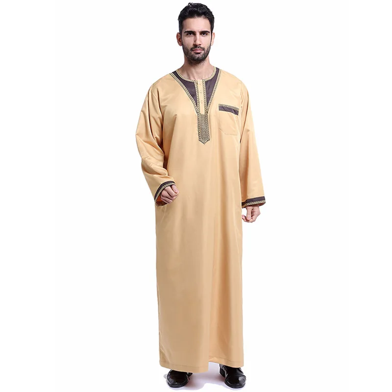 Fashionable Islamic Dress Muslim Saudi Arabia Embroidery Pocket Button Long Sleeve Men's Robe India Pakistan Men's Ramadan Skirt