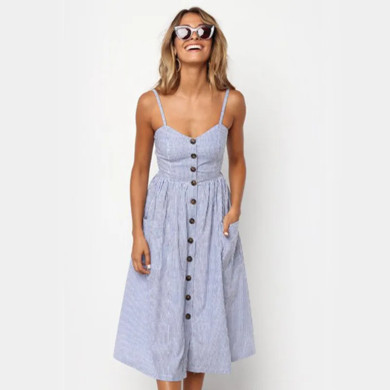 

Vintage Casual Sundress Female Beach Dress Midi Button Backless Polka Dot Striped Women Dress Summer 2020 Sexy Floral Dress