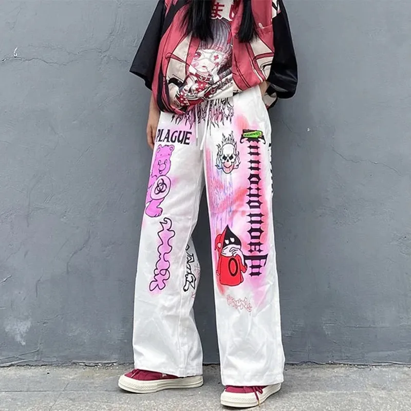 

2021 Hot Hip Hop Dancing Wide Leg Pants Unisex Oversized Cartoon Graffiti Printed Baggy Aesthetic Straight Trousers Streetwear