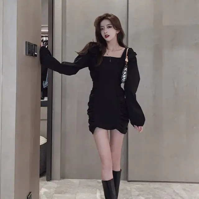 

Long-Sleeved Dress Women's Autumn Retro Design Square Collar Black Skirt Woman Dress Vestido De Mujer Femme Robe