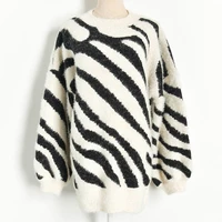 zebra stripe synthetic mink cashmere sweater women pullover autumn winter lantern sleeve knitted thick plus size fluffy sweaters