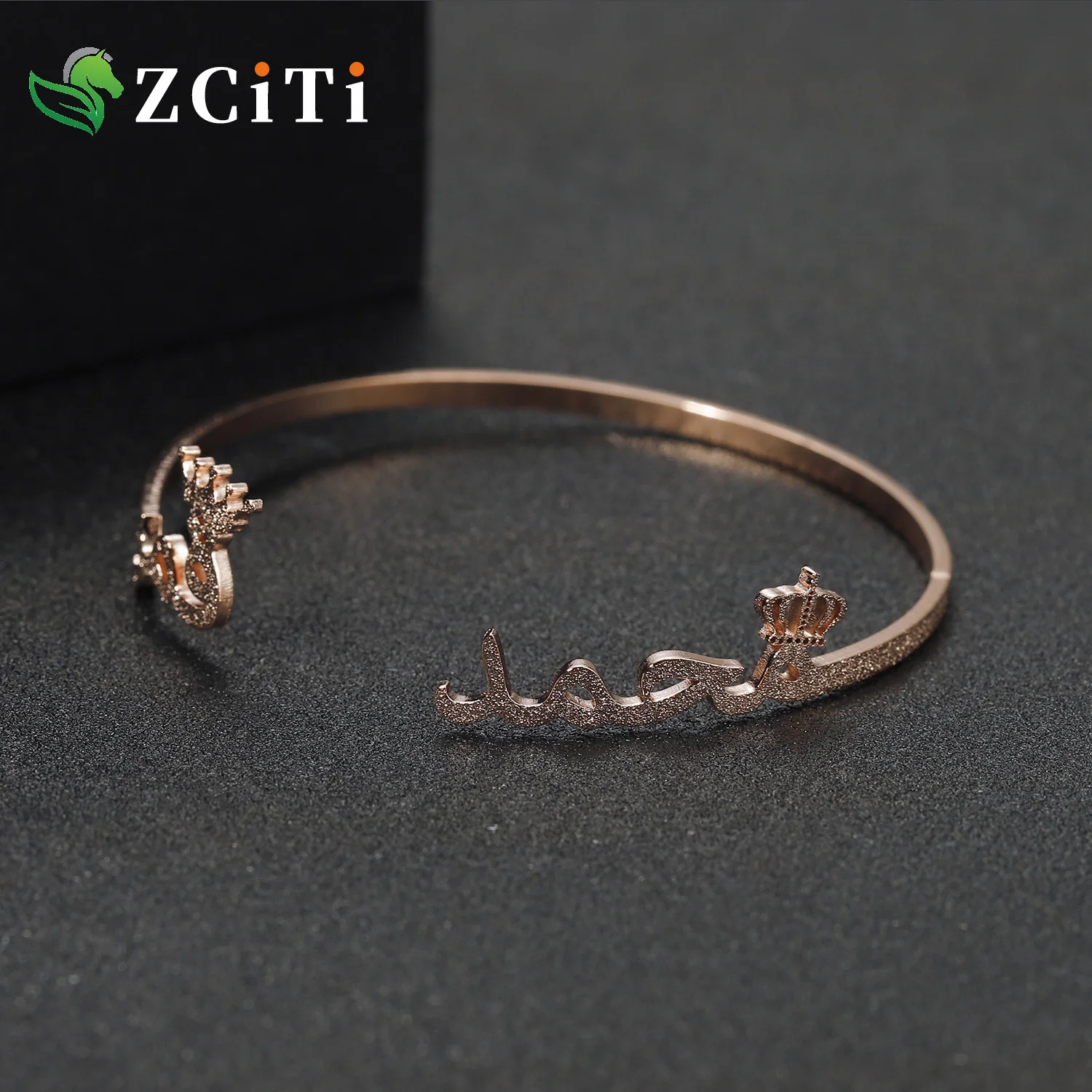 Personalized Light Plated Frosted Crown Arabic Name Bangles & Custom Name Bracelet for Women Party Stainless Steel Jewelry Gift