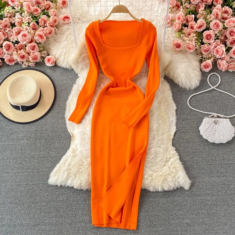

Autumn Women Korean Knitted Dress Long Sleeve Square Neck Elastic Slim Pencil Dresses Sexy Bodycon Split Sweater Dress GD618