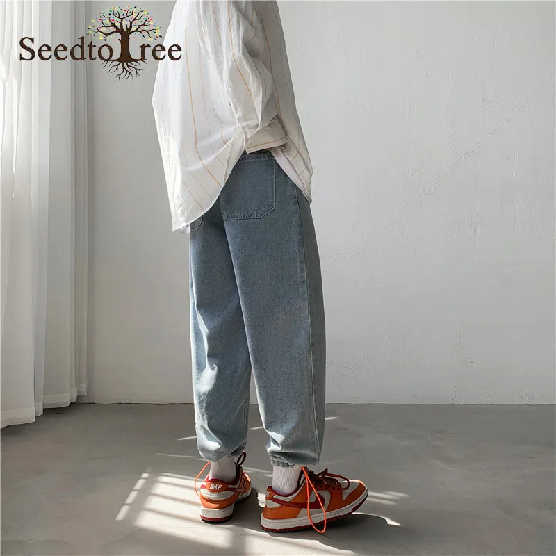 Solid Color Casual Jeans Men's Straight Loose Ankle Length Pants Taper Denim Trousers