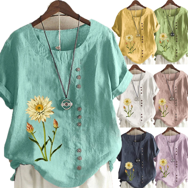 

Women's Summer Flower Printed Short Sleeve Round Neck T-Shirt Ladies Casual Linen Shirt Plus Size Top S-5XL
