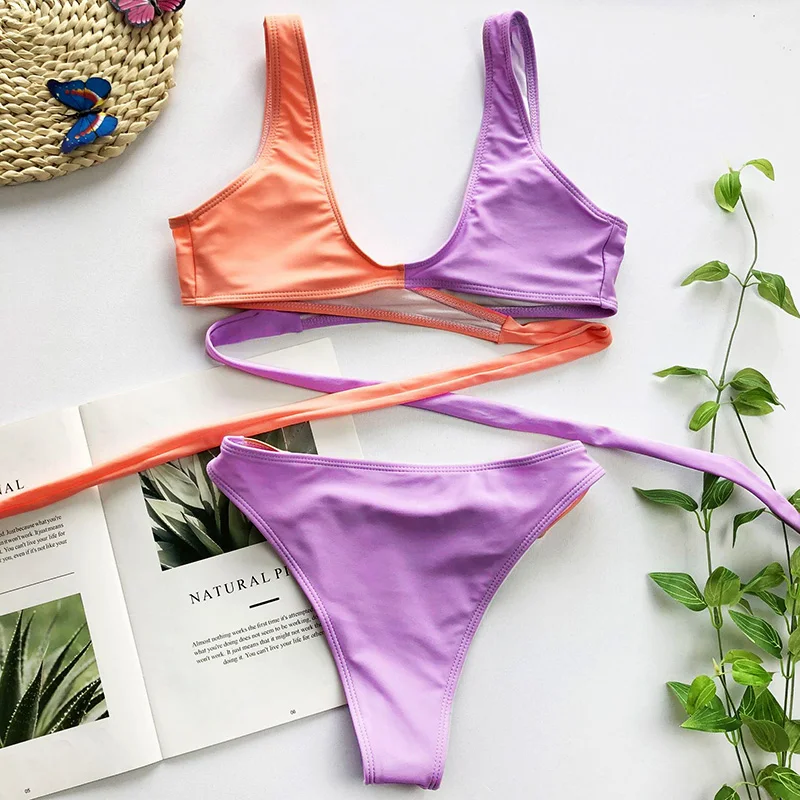 

New Wrap Around Splicing Halter Bikini 2020 Women Swimsuit Female Swimwear Two-pieces Bikini set Flag Bather Bathing Suit Swim