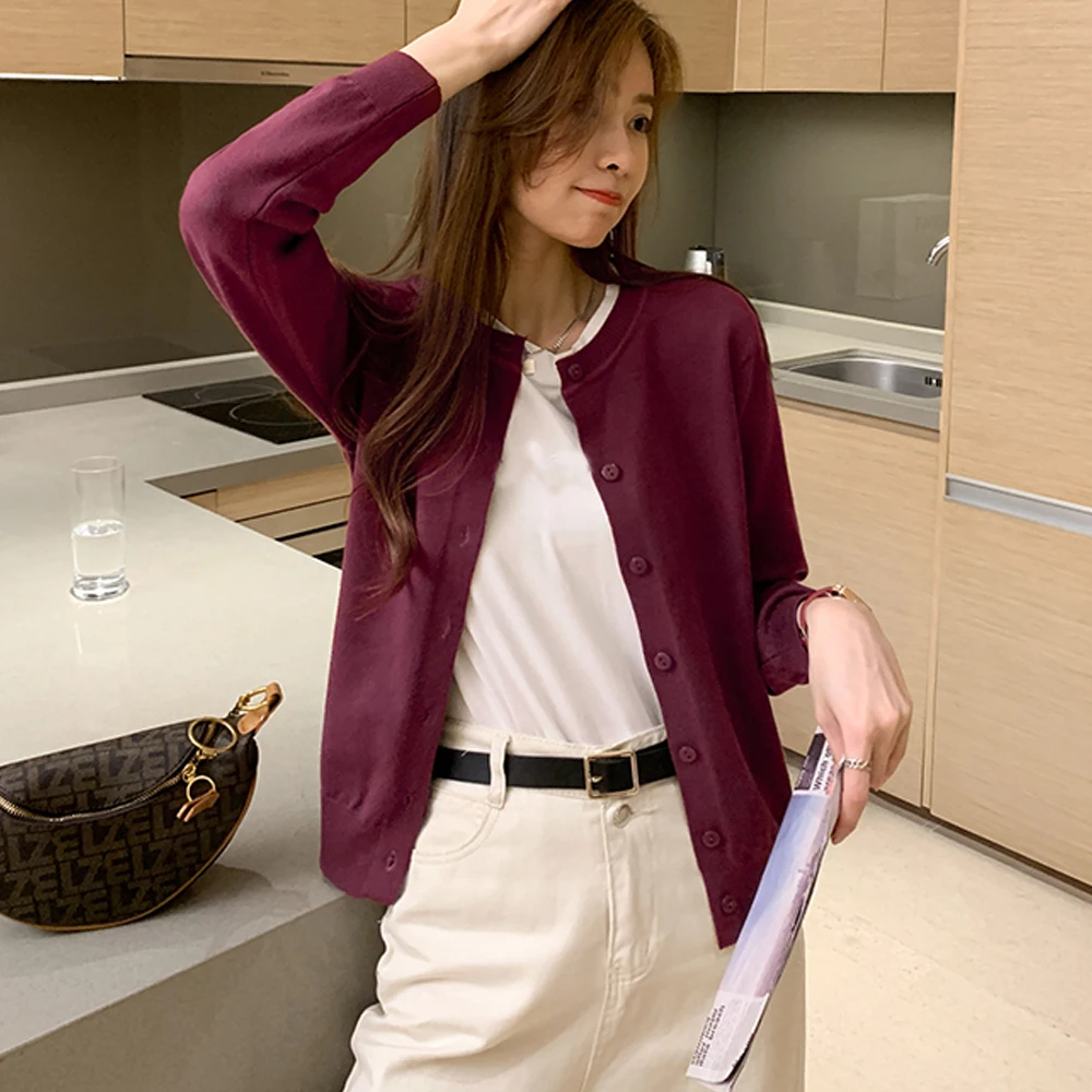 

Autumn 2021 New Women Sweater Short Knitted Coat Vintage Shirt Long Sleeve Single Breasted Solid Casual Knit Cardigan Tide Lady