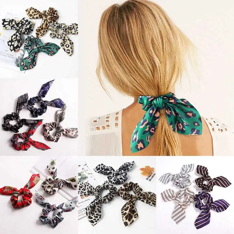 

Silk Satin Bow Animal Print Ring Scrunchie Elastic Ponytail Holder Hair Ropes