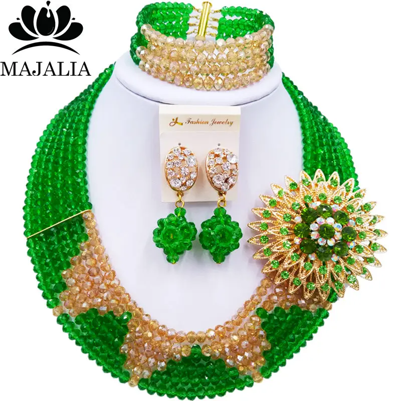 

Classic Nigeria Wedding Ladies Wedding Jewelry Green and gold ab Crystal Necklace African Wedding Bridal Jewelry Set SJ-36