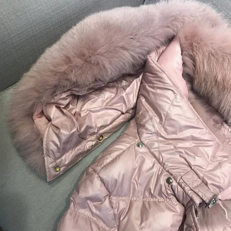 Женский утепленный Зимний пуховик женский большой натуральный лисий мех белый утиный пух парка с капюшоном зимняя куртка женская