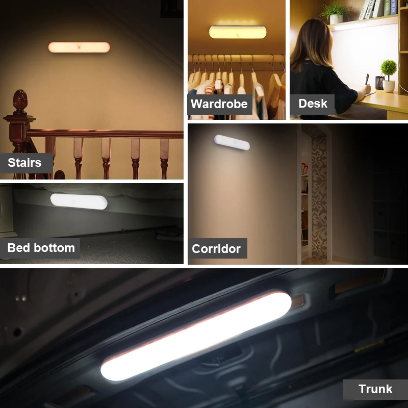 pir led motion sensor light cabinet light rechargeable night light led lamp wardrobe kitchen bedroom closet cabinet backlight free global shipping