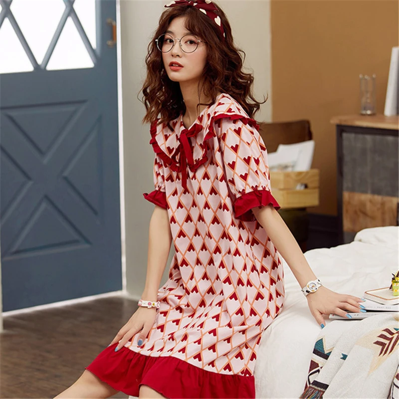 

Short-sleeved nightdress female spring and summer plaid new Korean home service doll collar loose large size 4XL simple