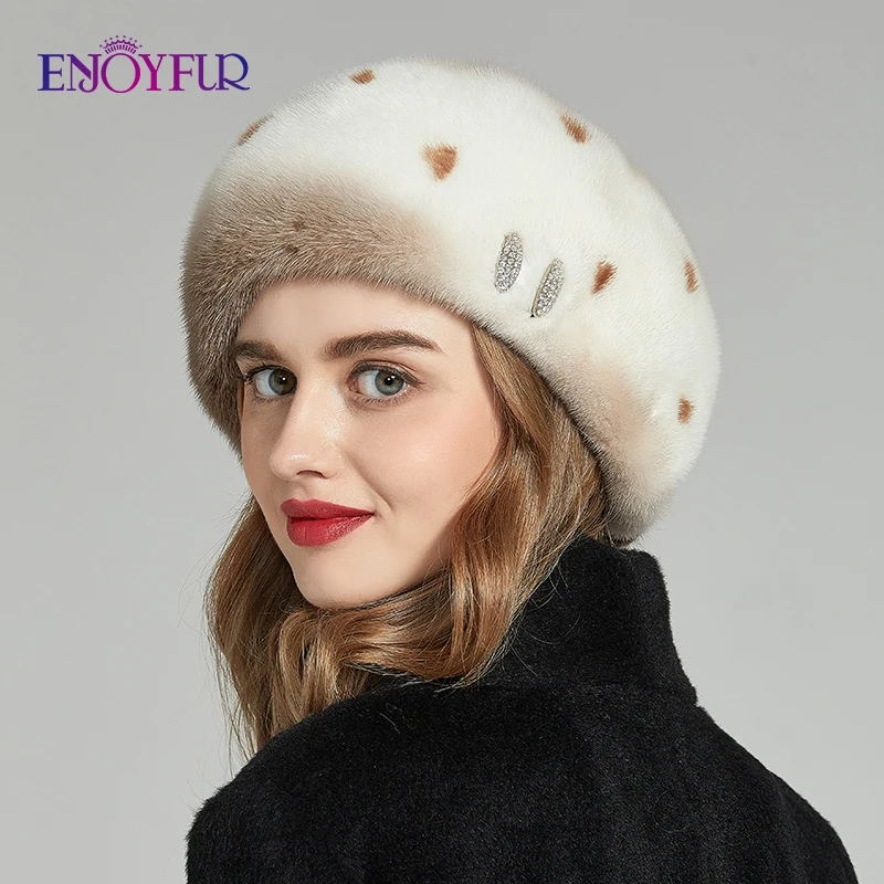 ENJOYFUR, натуральный мех норки, женские шапки для зимы, модные, натуральный мех, береты, стразы, украшение, теплые женские меховые шапки