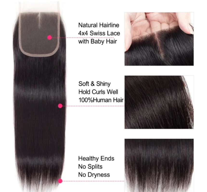 QT Hair 4X4 Lace Closure Brazilian Straight Human Remy Transparent Free/Middle/Three Part With Baby 10-20 Inch | Шиньоны и парики