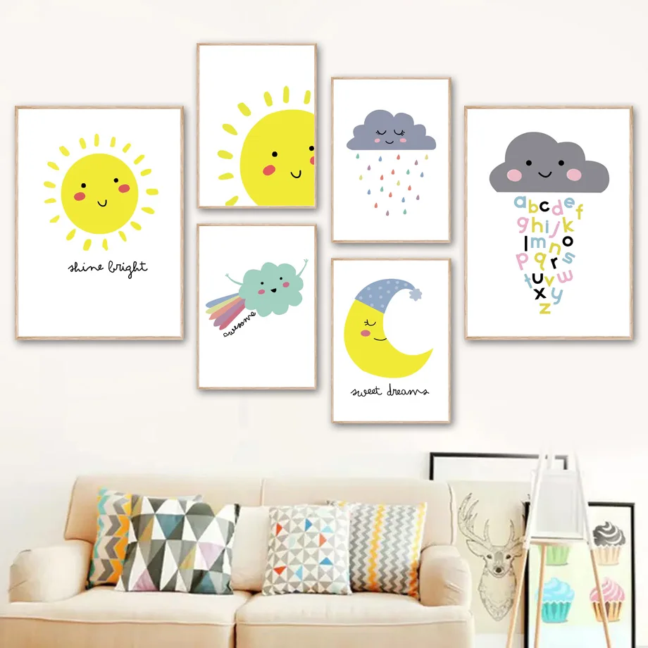 

Sun Moon Cloud Rainbow Rain Alphabet Hat Dream Wall Art Canvas Painting Nordic Posters And Prints Wall Pictures Kids Room Decor