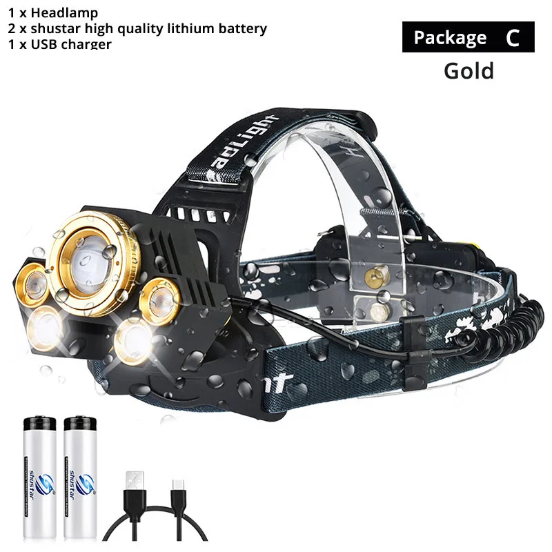 Package C-Gold Мощный светодиодный налобный фонарь вращающийся зум водонепроницаемый головной светильник с использованием антибликовых линз белый/желтый/синий светильник 18650 для рыбалки - Испускаемый цвет: Package C-Gold