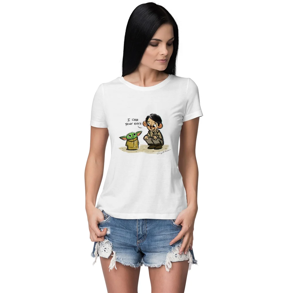 

Baby Yoda Funny Cartoon Printed Disney Women T shirt I like your Ears Letter Plus Size Tops Mandalorian Tshirt