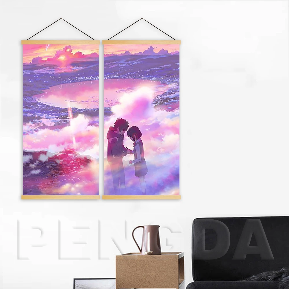 

Настенная Картина на холсте 2 панели аниме ваше имя плакат деревянный свиток подвесная картина Печатный домашний декор для девочек спальни