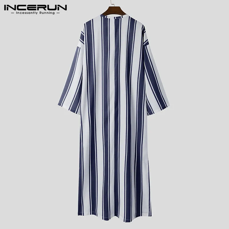 

INCERUN Men Muslim Jubba Thobe Striped Lace Up Loose Long Sleeve Robe Pockets Middle East Dubai Caftan Men Islamic Arabic Kaftan