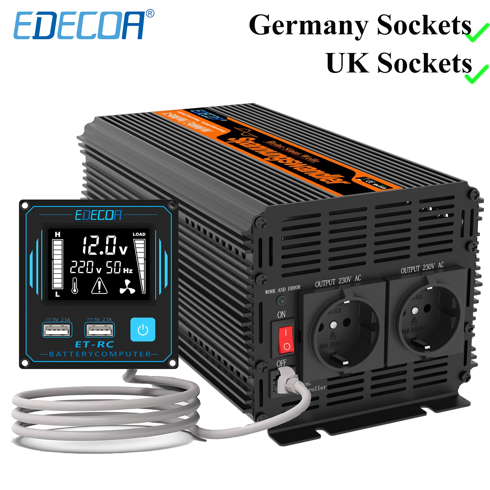 

Чистый синусоидальный инвертор 1500 Вт 12 в 240 В EDECOA DC 12 В до 220 В 1500 Вт автономный синусоидальный Преобразователь мощности 12 в 230 В