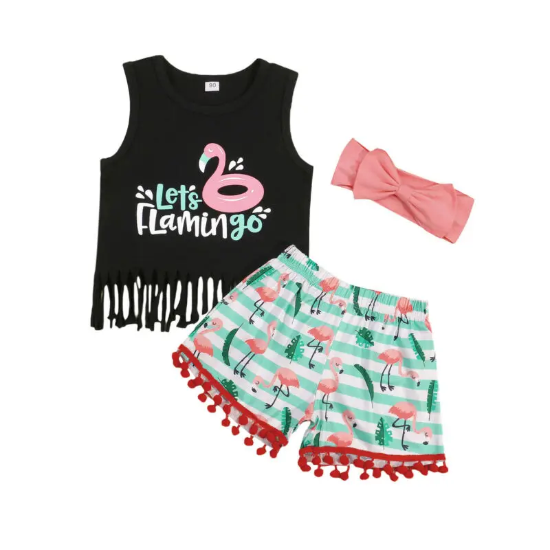 

3pcs Baby Girls Clothes Outfits Set Sleeveless Tassel Vest Tops Flamingos Shorts