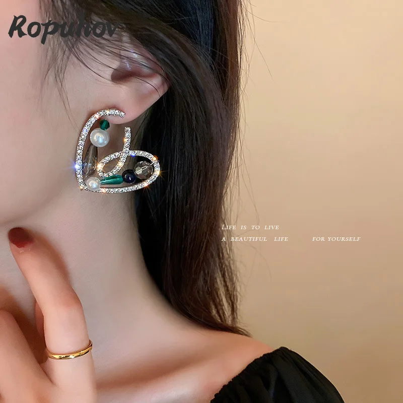 

Ropuhov 2021 New 925 Silvery Needle Korean Diamond Crystal Pearl Love European Design Sense Advanced Sense Sweet Cool Earrings