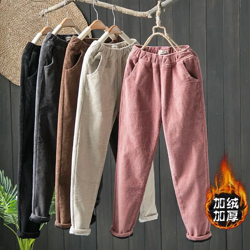 

Fleece-Lined Corduroy Pants Women's Autumn Winter Loose plus Size Slimming Thickened Casual Harem Pants women sweatpants