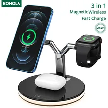 Bonola 15W 3 In 1 Wireless Chager for iPhone 12S/12Pro iWatch Airpods Pro Magnetic Fast Charging Station Dock Stand Touch Light