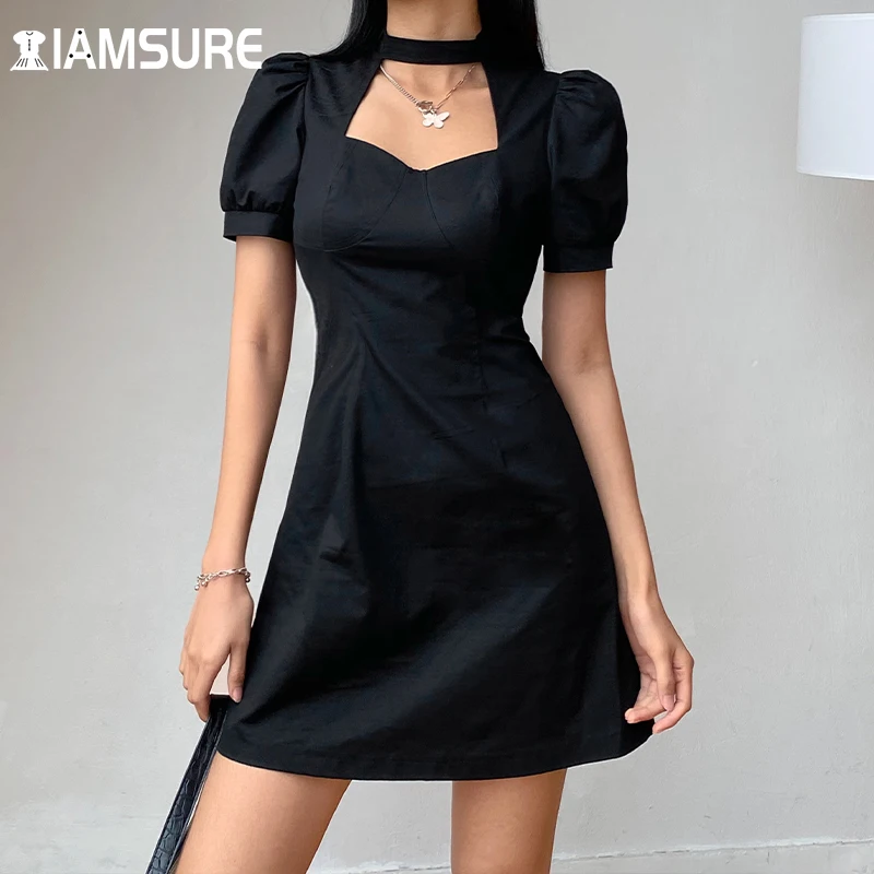 

IAMSURE Vintage Slim Puff Sleeve A-Line Dress Women 2021 Fashion Square Collar Hollow Out Short Sleeve Dresses Elegant Ladies